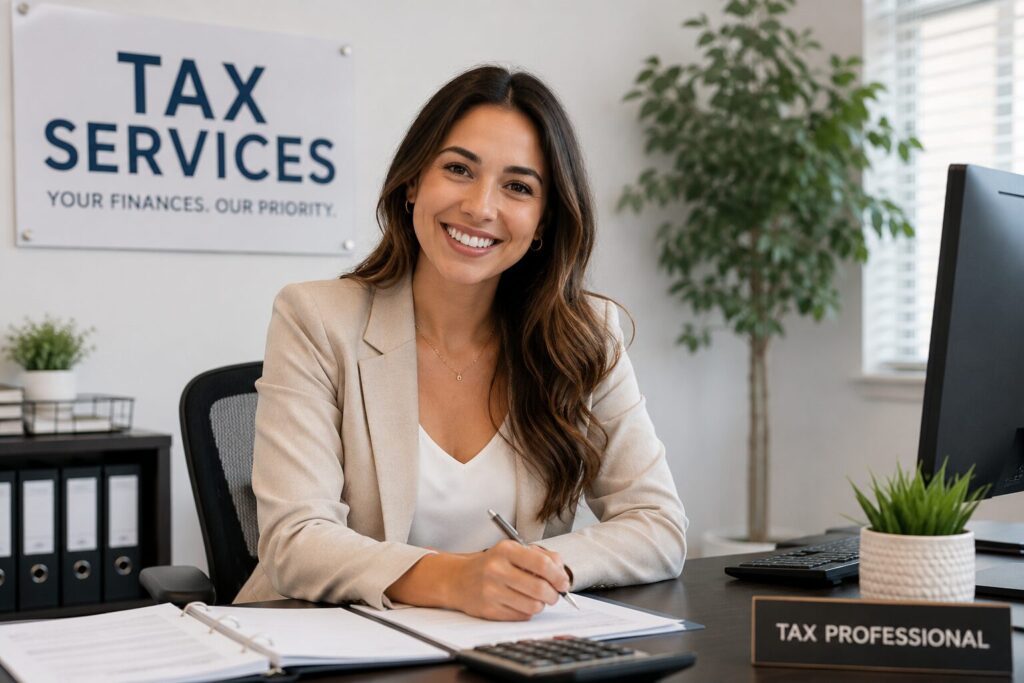 Smiling tax services professional working at her desk