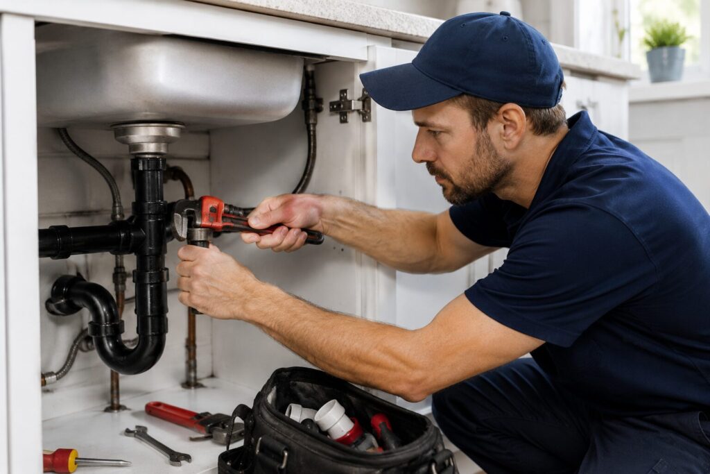 Local plumber repairing pipes for a small business partner